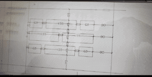 Schéma technique avec trois rangées de rectangles cotés (68, 155, 20) et dimensions verticales (10, 20, 45, 20, 70, 55, 90) indiquant une configuration d'espacement.